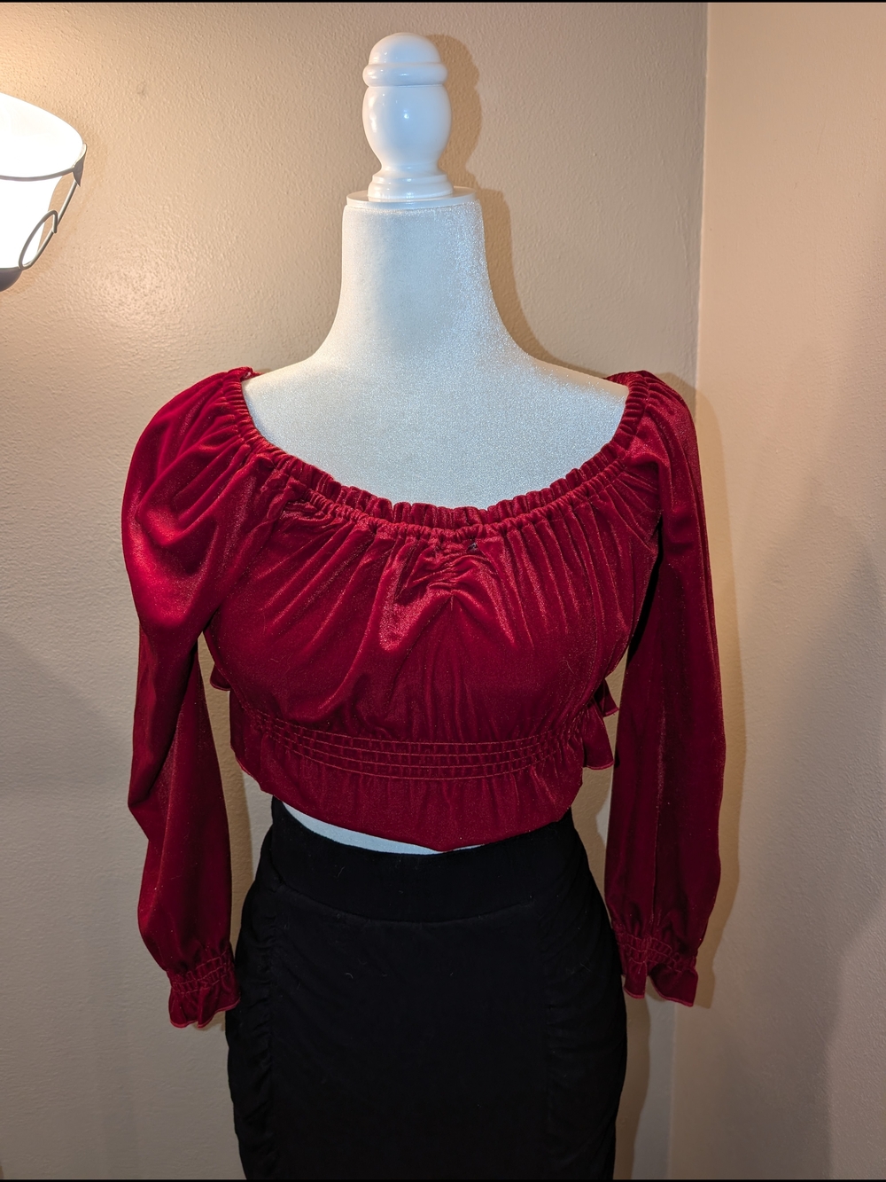 Red Velvet Cropped Peasant Top - Women